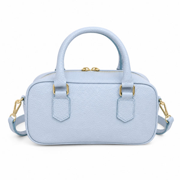 Błękitny torebka skórzana mini bostonka z paskiem crossbody, packshot