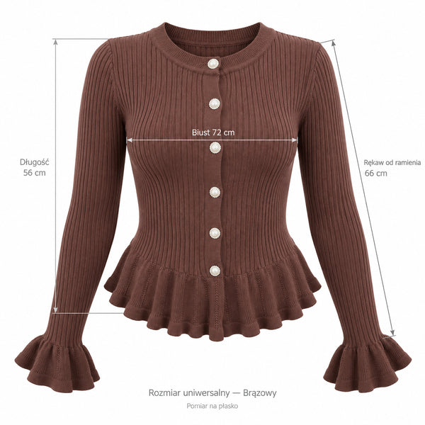 Brązowy — sweter prążkowany z guzikami i falbankami, przód z pomiarami 72/56/66 cm