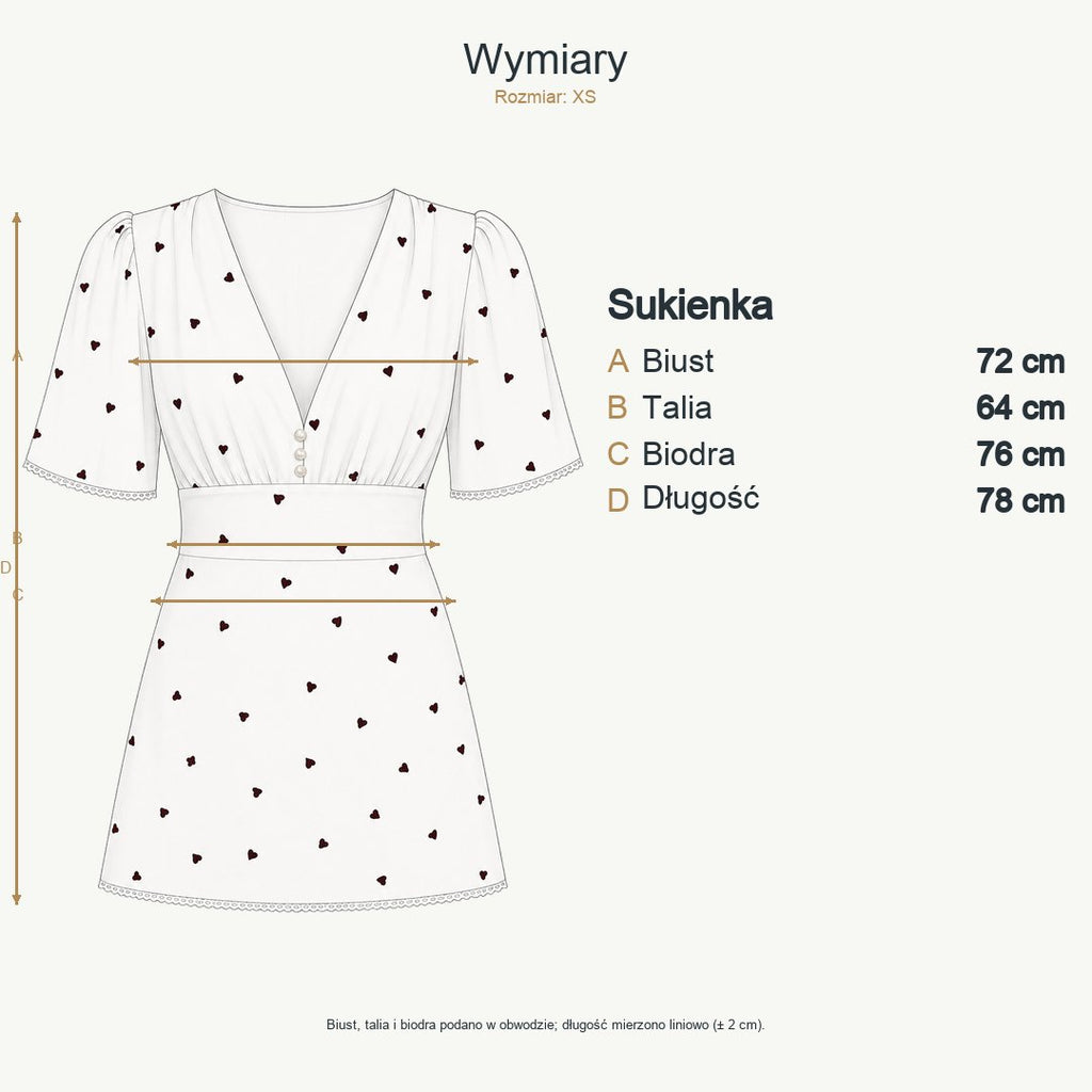 Biały w serduszka — wymiary produktu | Rozmiar: XS