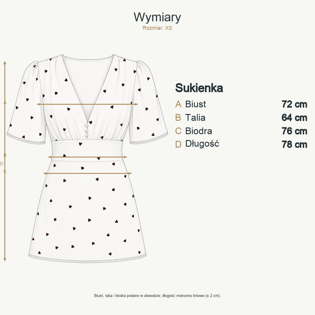 Biały w serduszka — wymiary produktu | Rozmiar: XS