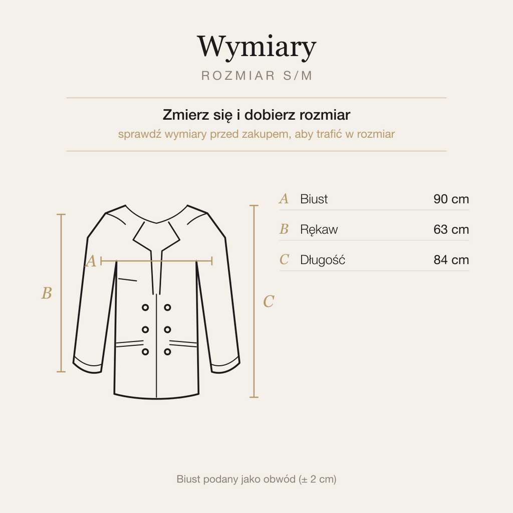 Tabela wymiarów marynarki oversize dwurzędowej, rozmiar S/M
