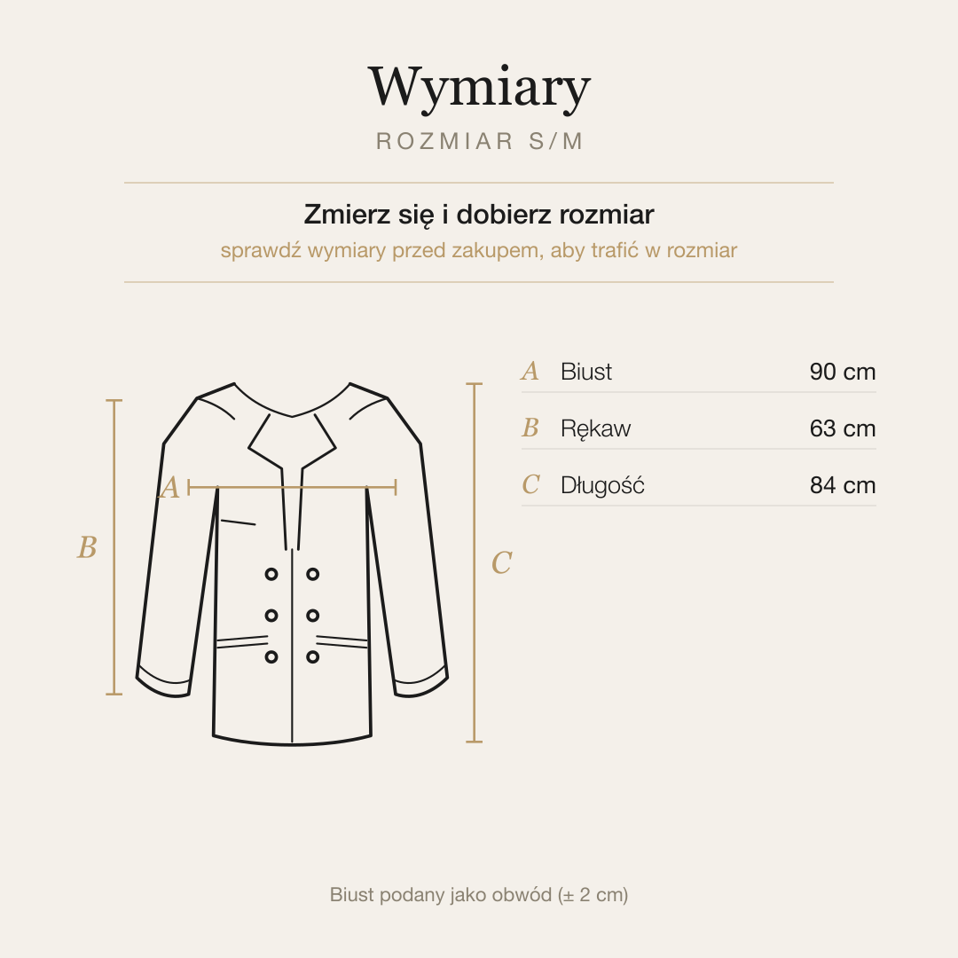 Tabela wymiarów marynarki oversize dwurzędowej, rozmiar S/M