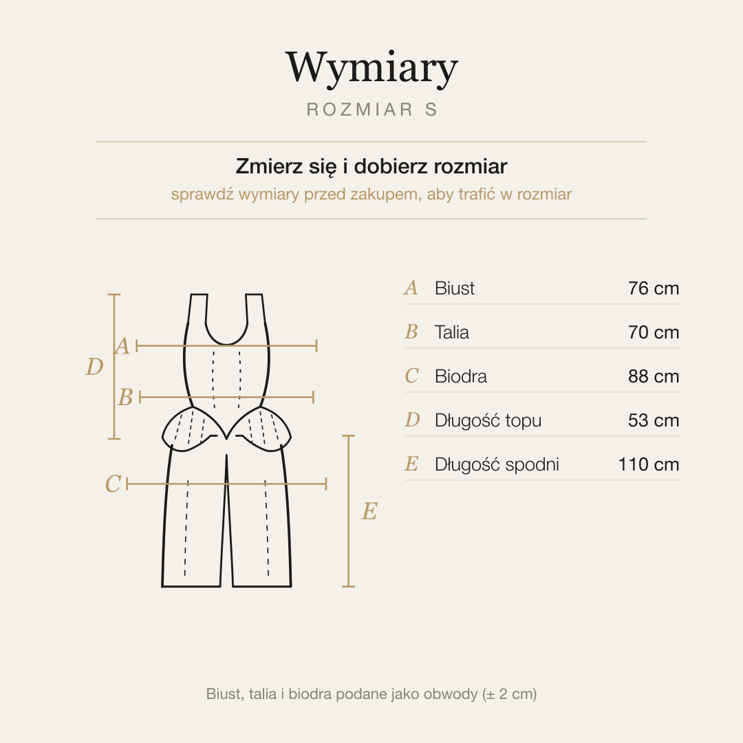 Tabela wymiarów kompletu top gorsetowy i szerokie spodnie, rozmiar S
