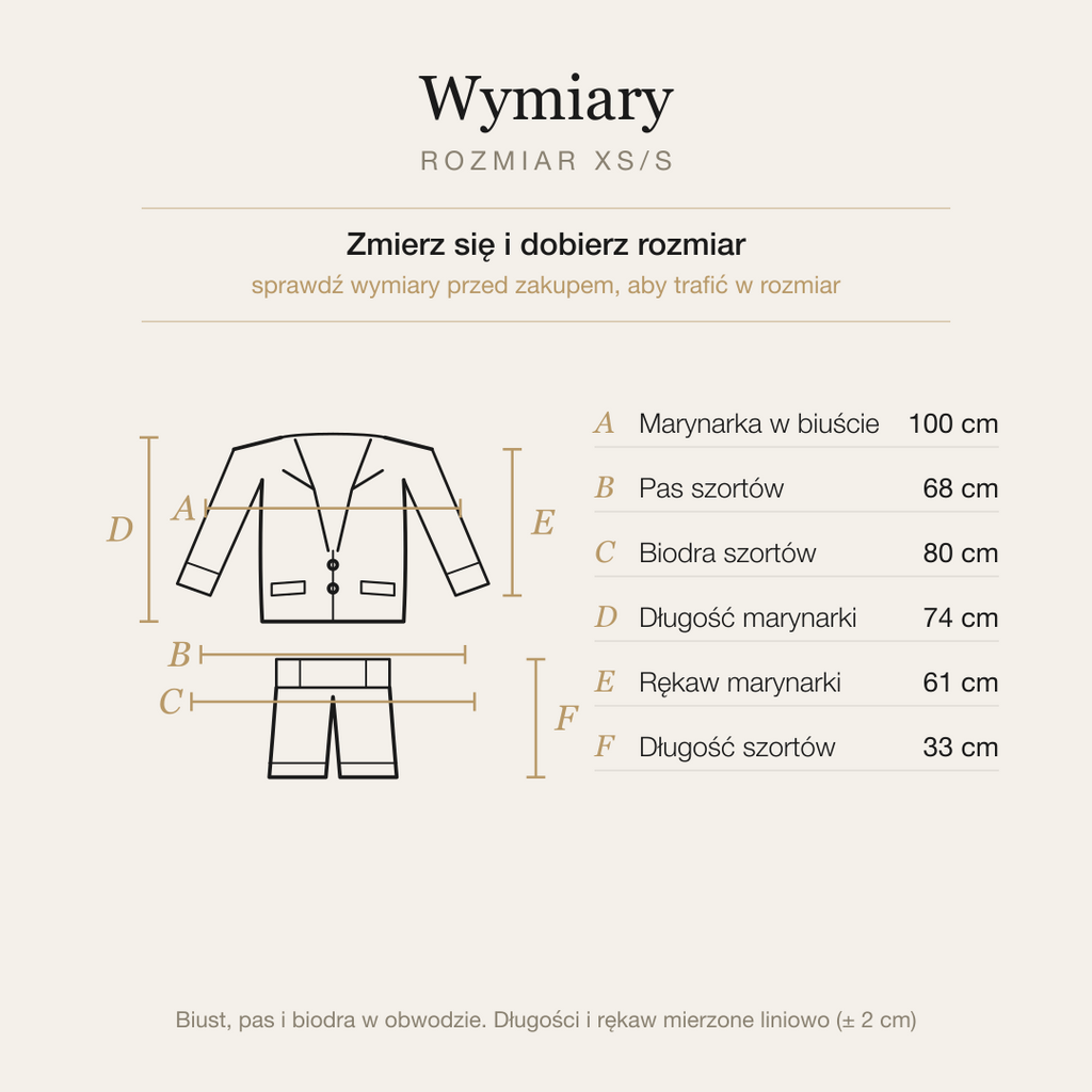 Tabela wymiarów kompletu marynarka i szorty, rozmiar XS/S