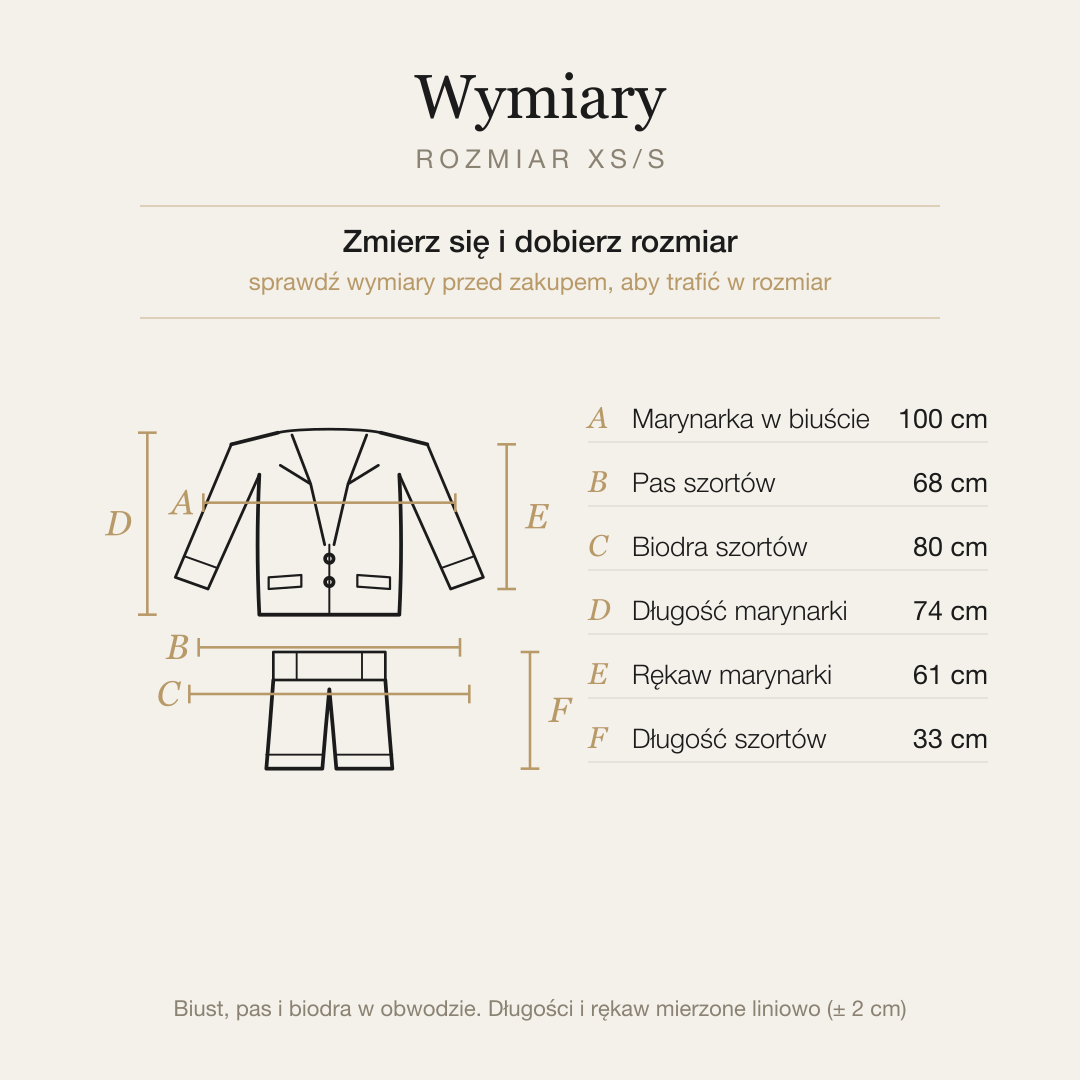 Tabela wymiarów kompletu marynarka i szorty, rozmiar XS/S
