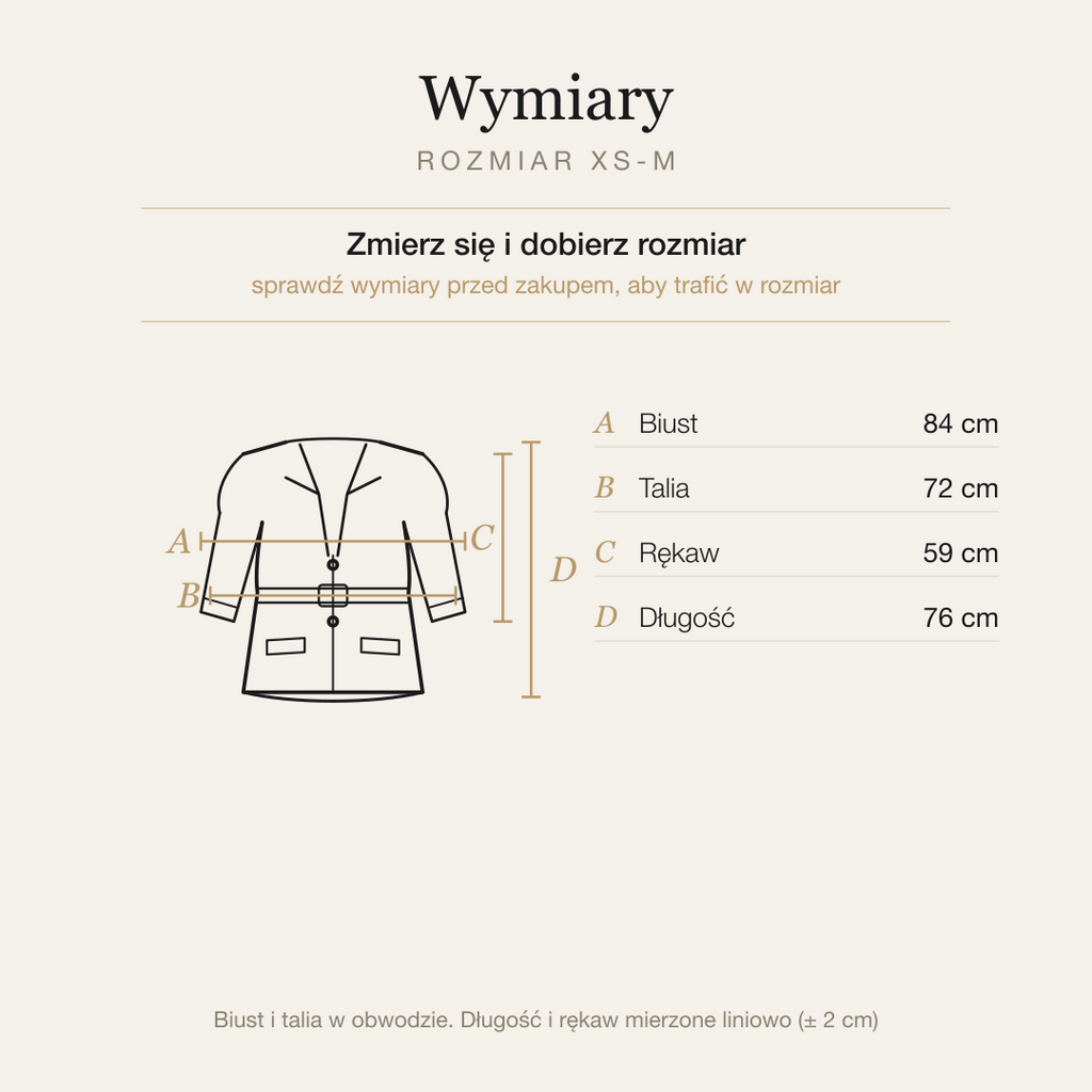 Tabela wymiarów marynarki taliowanej, rozmiar XS-M