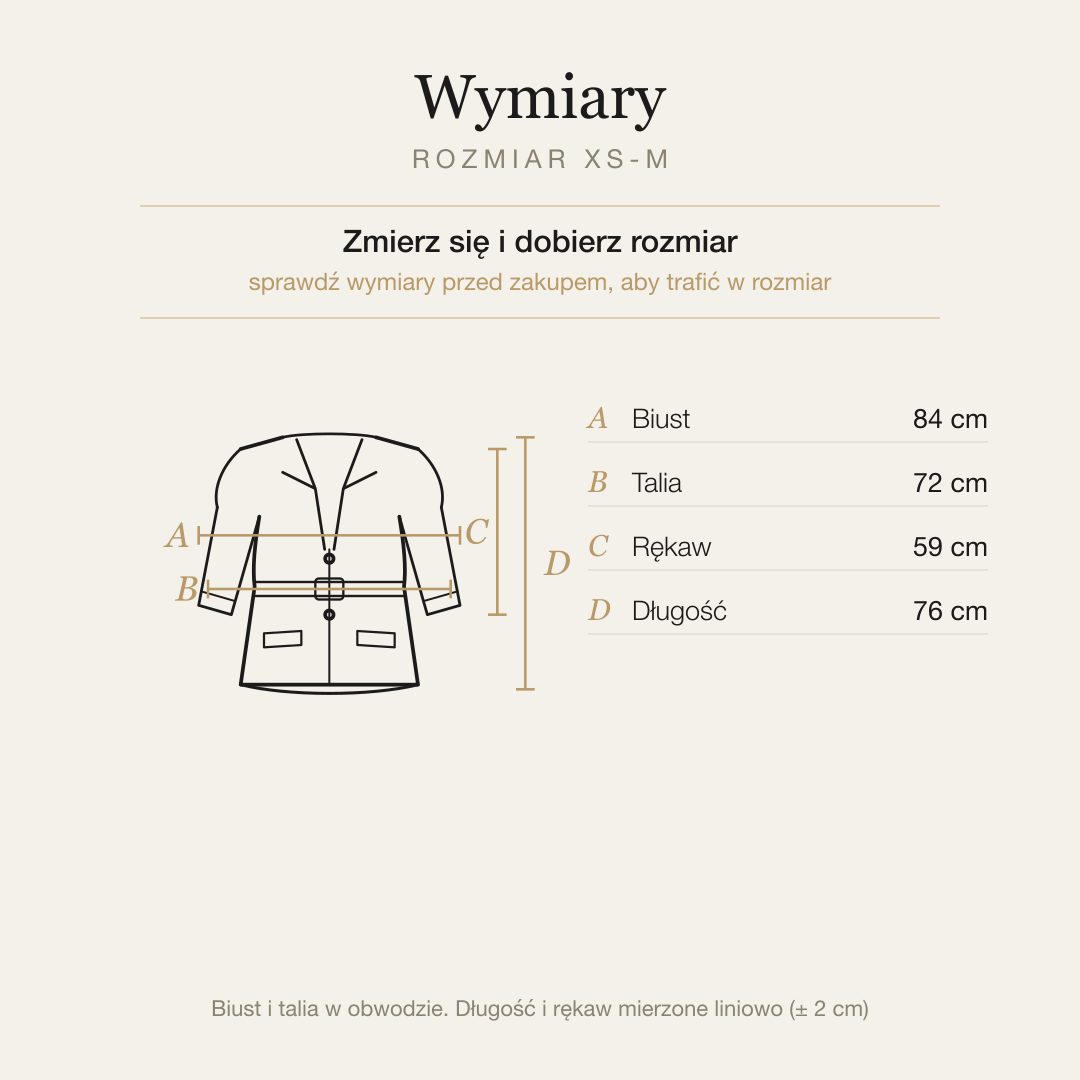 Tabela wymiarów marynarki taliowanej, rozmiar XS-M