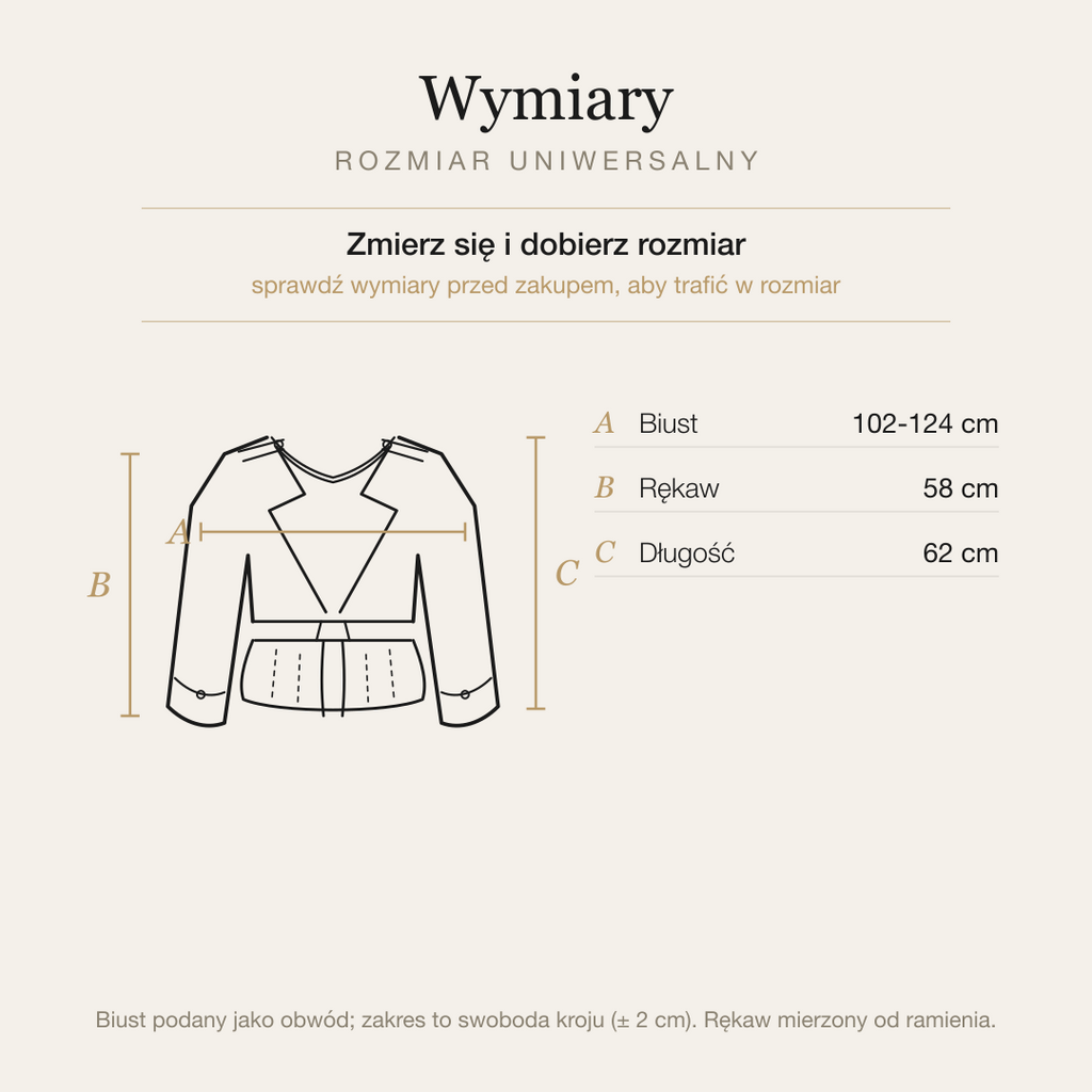 Tabela wymiarów trencza krótkiego, rozmiar uniwersalny