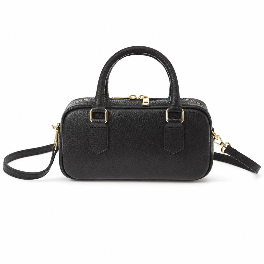 Czarny torebka skórzana mini bostonka z paskiem crossbody, packshot