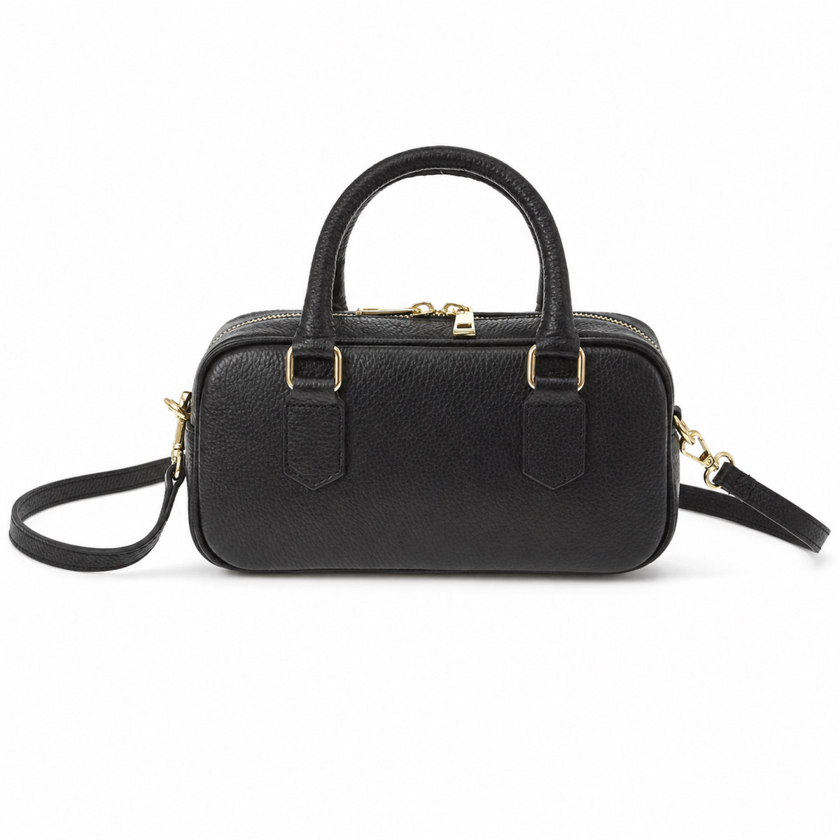 Czarny torebka skórzana mini bostonka z paskiem crossbody, packshot