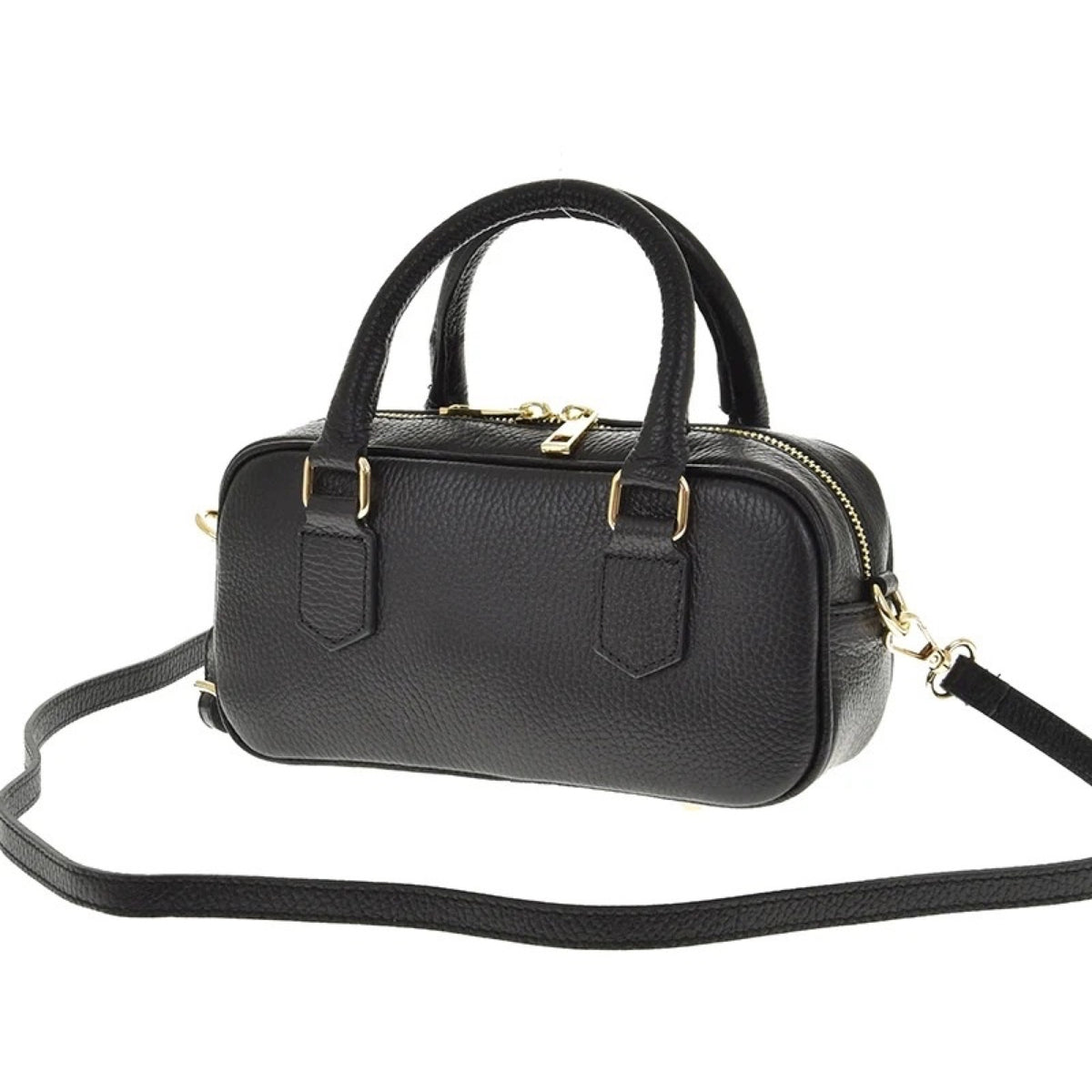 Czarny torebka skórzana mini bostonka z paskiem crossbody, zdjęcie producenta