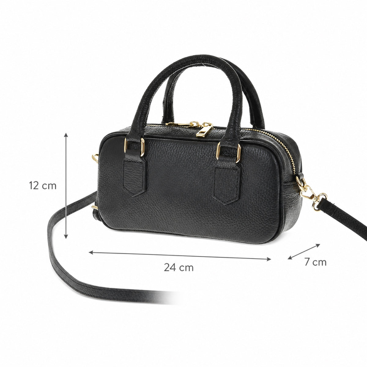 Czarny torebka skórzana mini bostonka z paskiem crossbody, wymiary