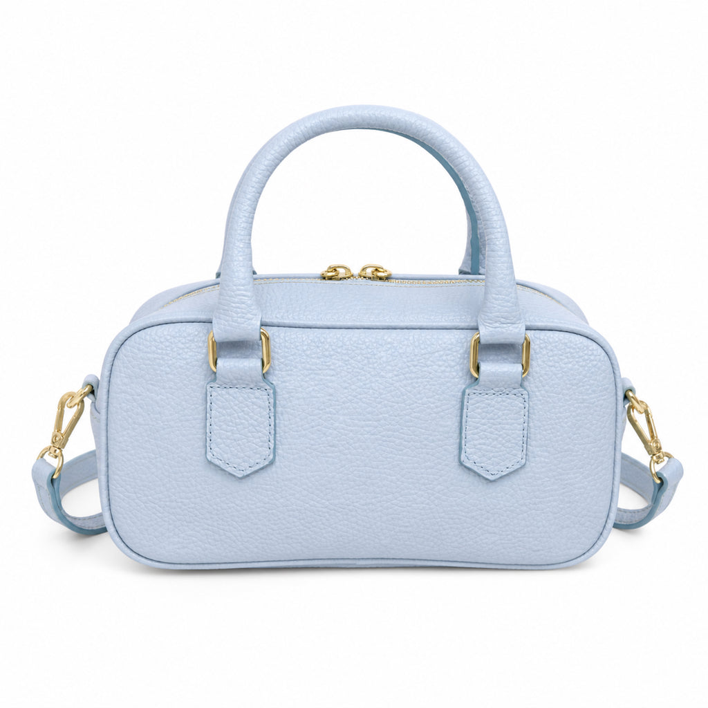 Błękitny torebka skórzana mini bostonka z paskiem crossbody, packshot