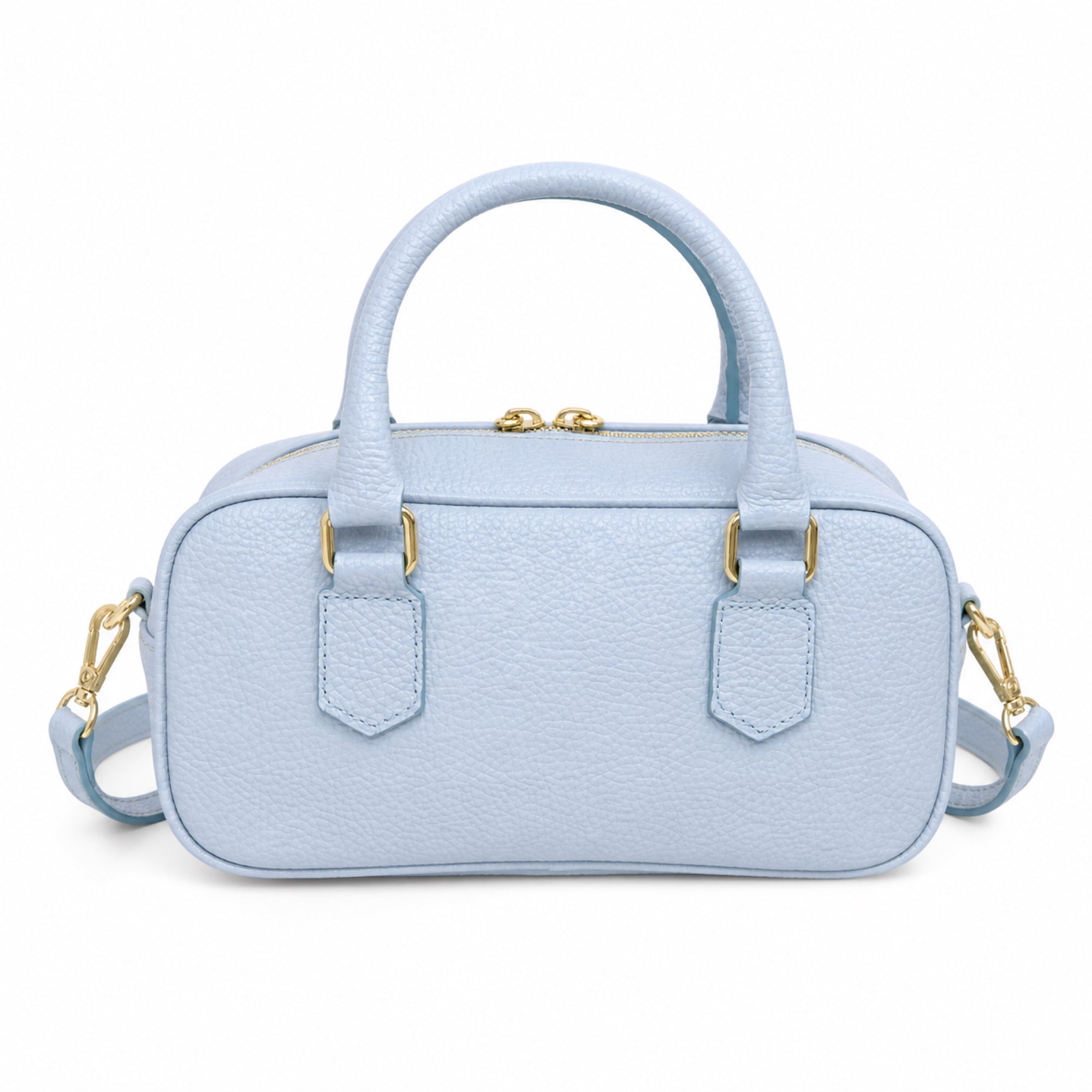 Błękitny torebka skórzana mini bostonka z paskiem crossbody, packshot