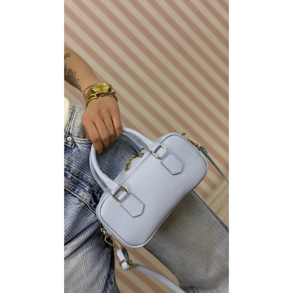 Błękitny torebka skórzana mini bostonka z paskiem crossbody, zdjęcie producenta
