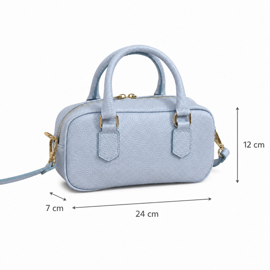 Błękitny torebka skórzana mini bostonka z paskiem crossbody, wymiary