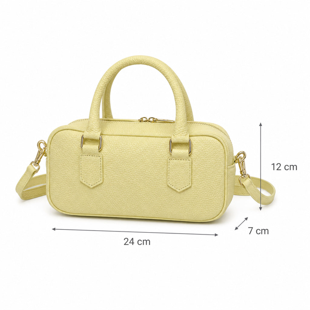 Jasny złoty torebka skórzana mini bostonka z paskiem crossbody, wymiary