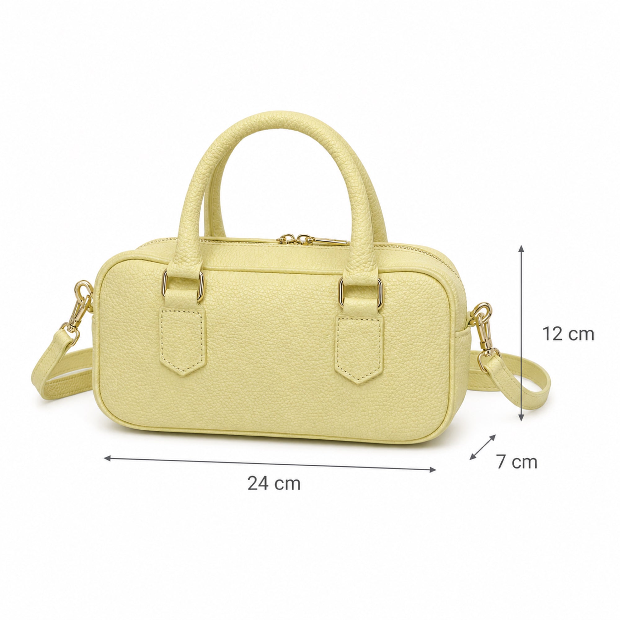 Jasny złoty torebka skórzana mini bostonka z paskiem crossbody, wymiary