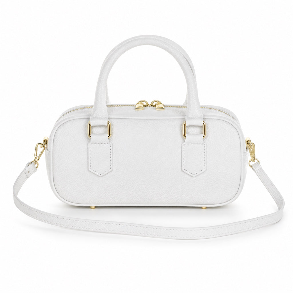 Biały torebka skórzana mini bostonka z paskiem crossbody, tyl
