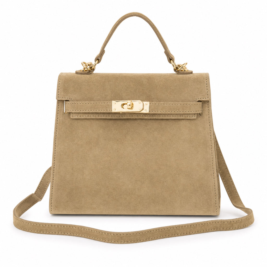 Beżowy torebka skórzana kuferek z klapką i paskiem crossbody, packshot