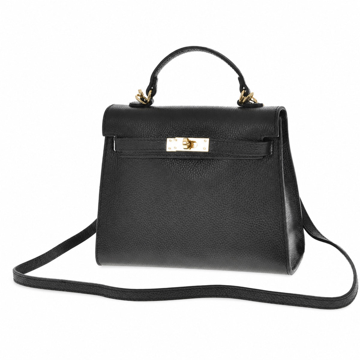 Czarny torebka skórzana kuferek z klapką i paskiem crossbody, packshot