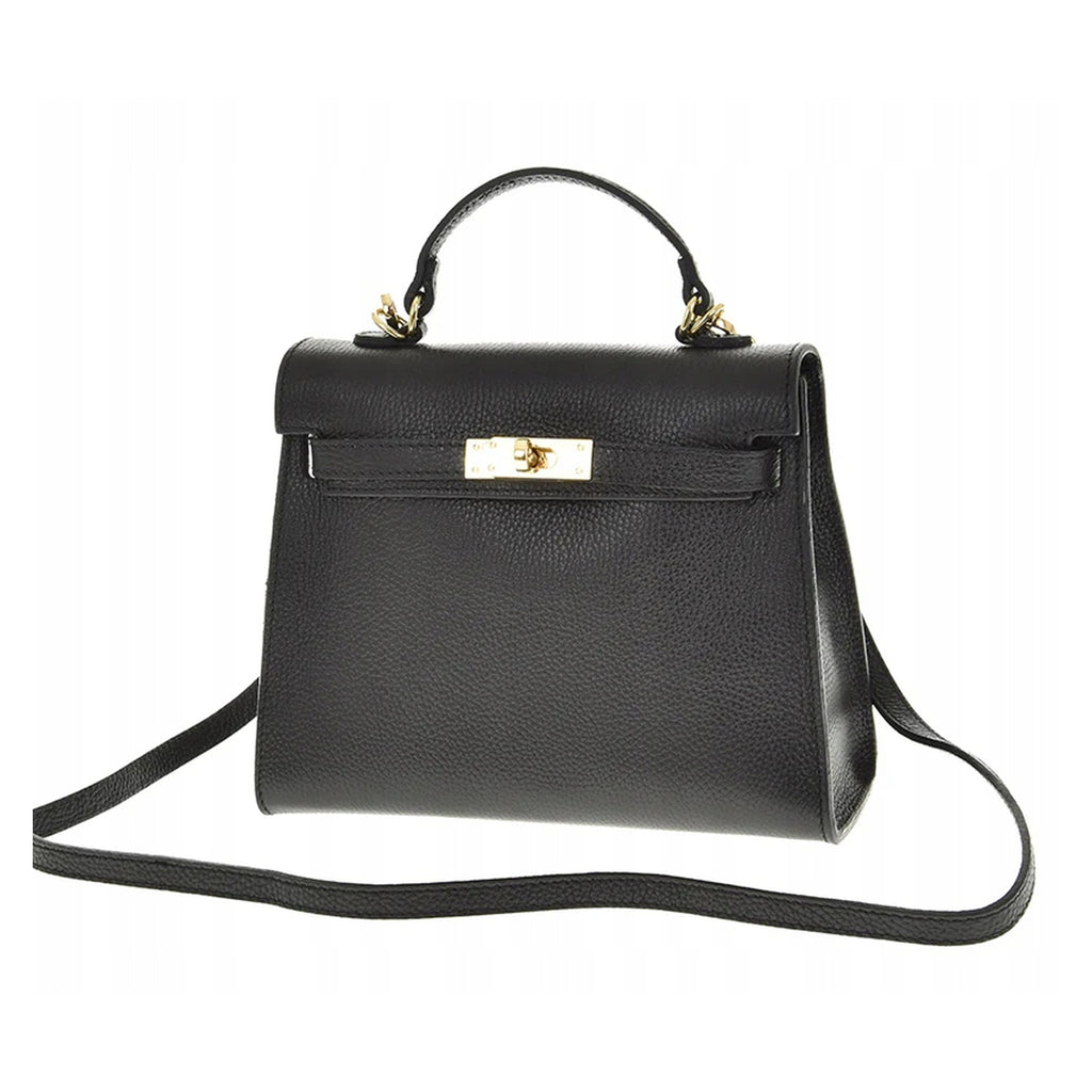 Czarny torebka skórzana kuferek z klapką i paskiem crossbody, zdjęcie producenta