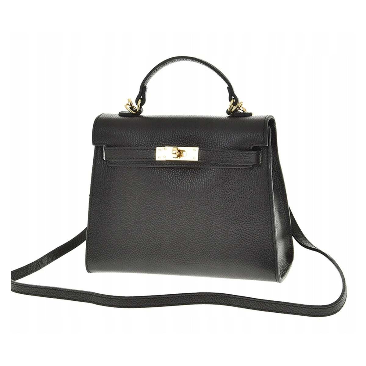Czarny torebka skórzana kuferek z klapką i paskiem crossbody, zdjęcie producenta