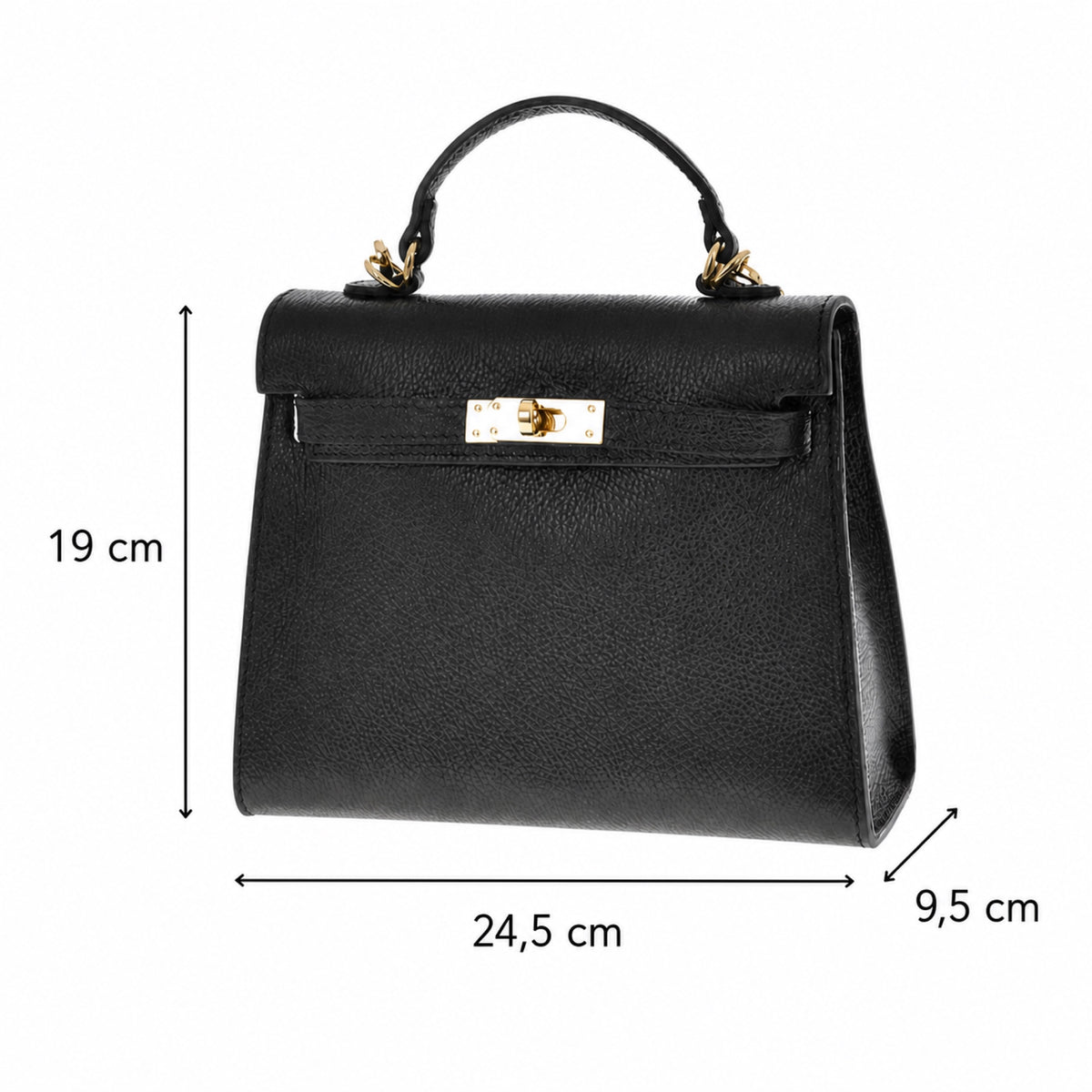 Czarny torebka skórzana kuferek z klapką i paskiem crossbody, wymiary