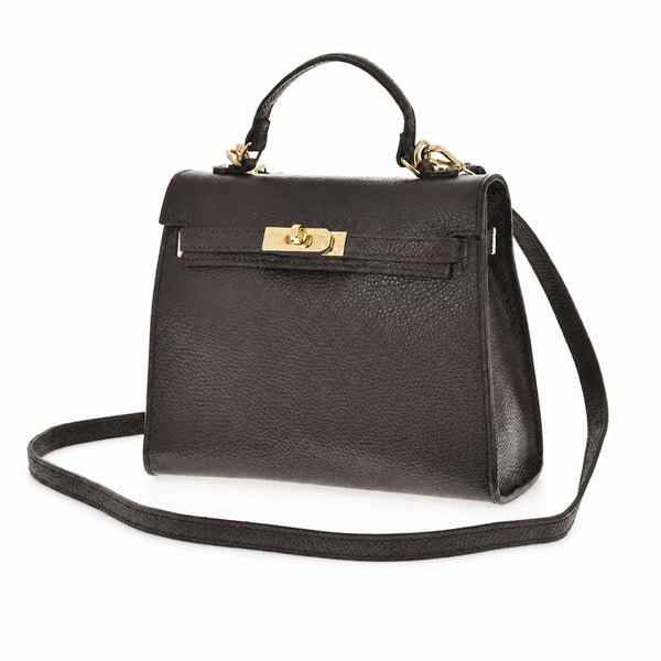 Czekoladowy torebka skórzana kuferek z klapką i paskiem crossbody, packshot