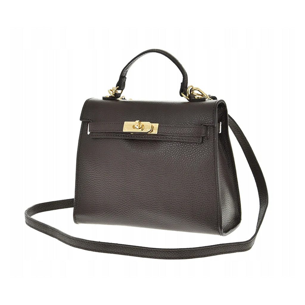 Czekoladowy torebka skórzana kuferek z klapką i paskiem crossbody, zdjęcie producenta