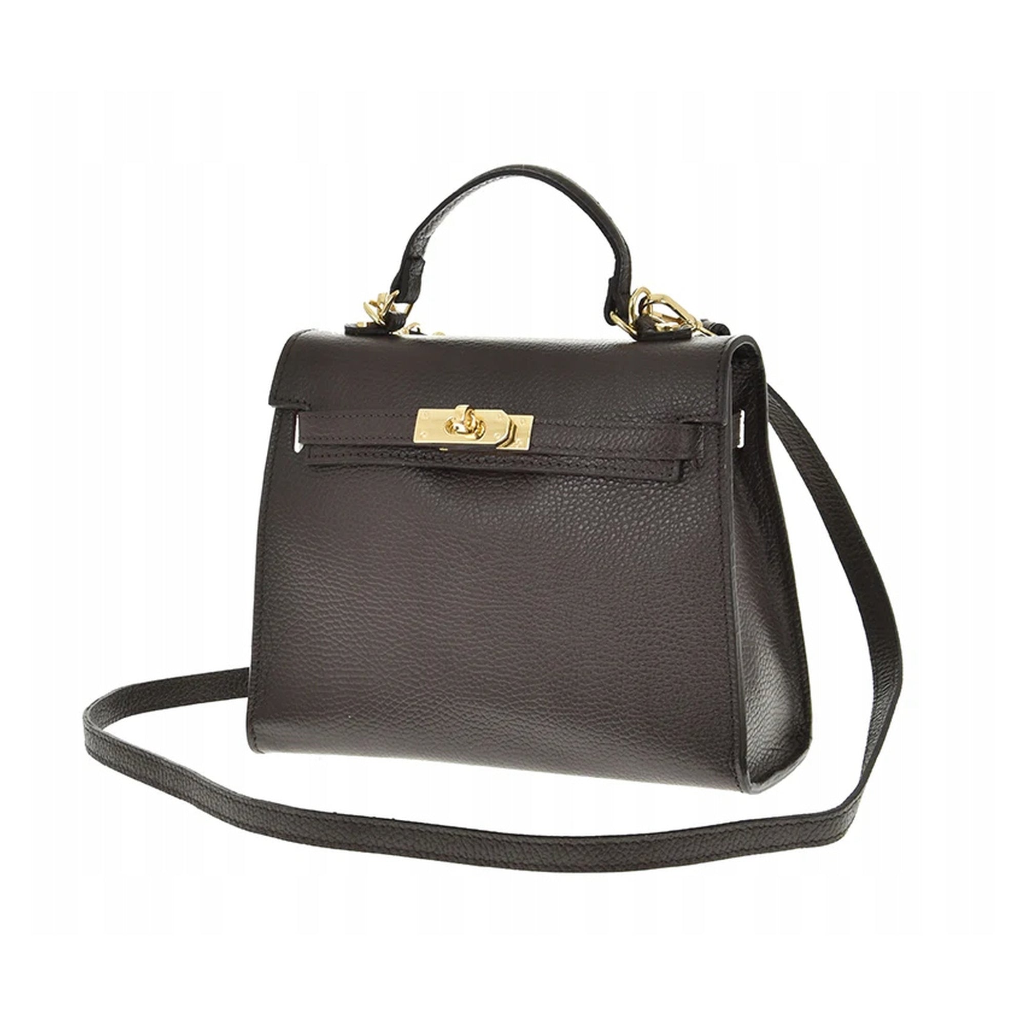 Czekoladowy torebka skórzana kuferek z klapką i paskiem crossbody, zdjęcie producenta