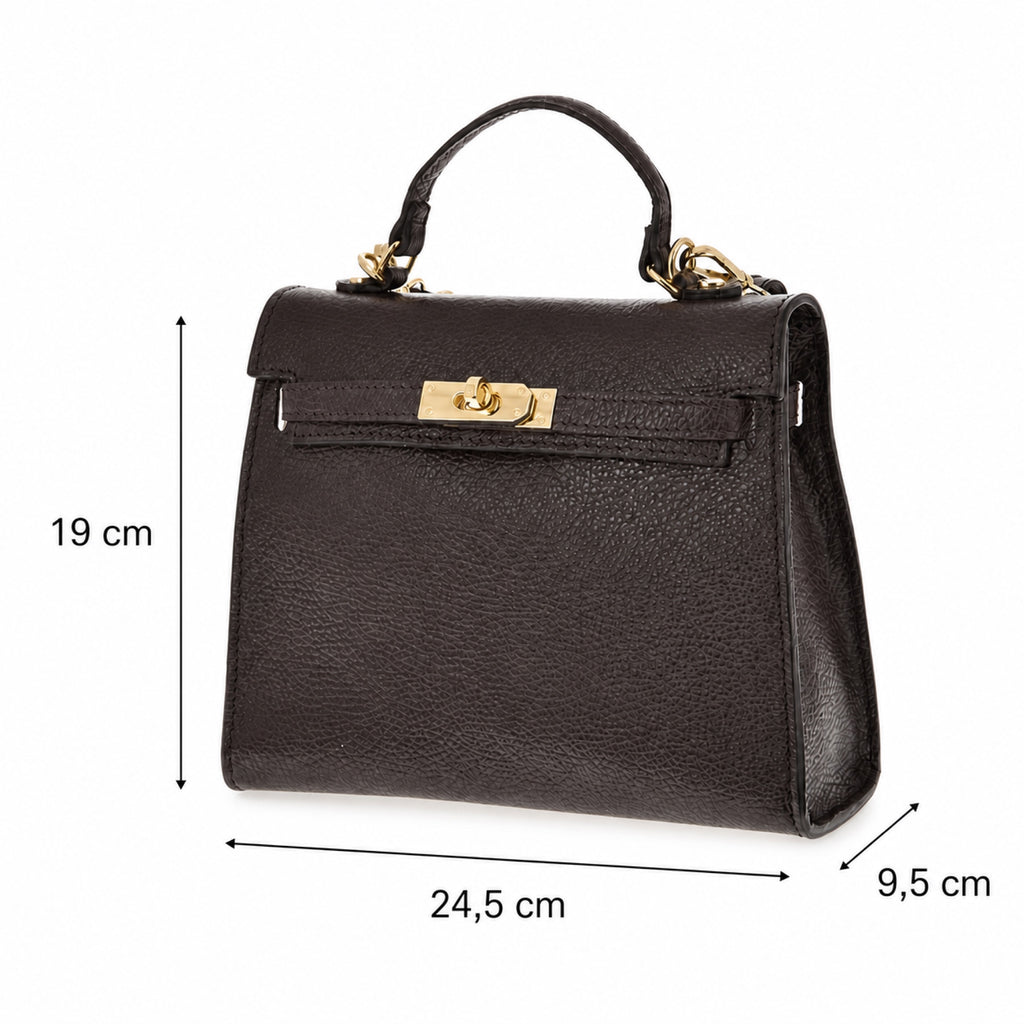 Czekoladowy torebka skórzana kuferek z klapką i paskiem crossbody, wymiary