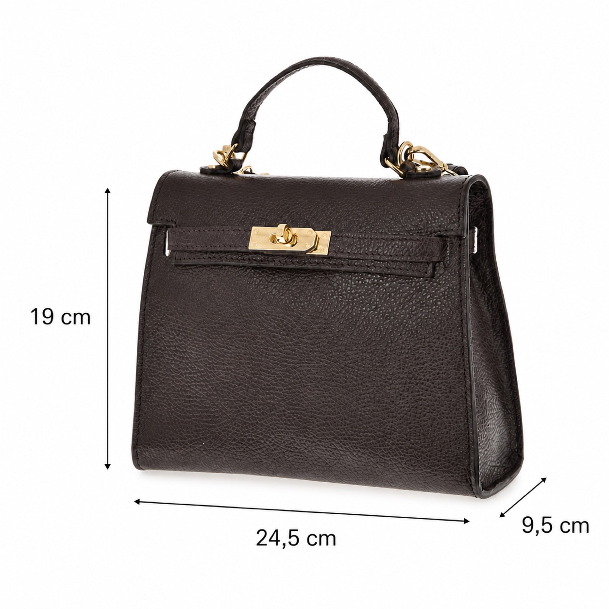 Czekoladowy torebka skórzana kuferek z klapką i paskiem crossbody, wymiary