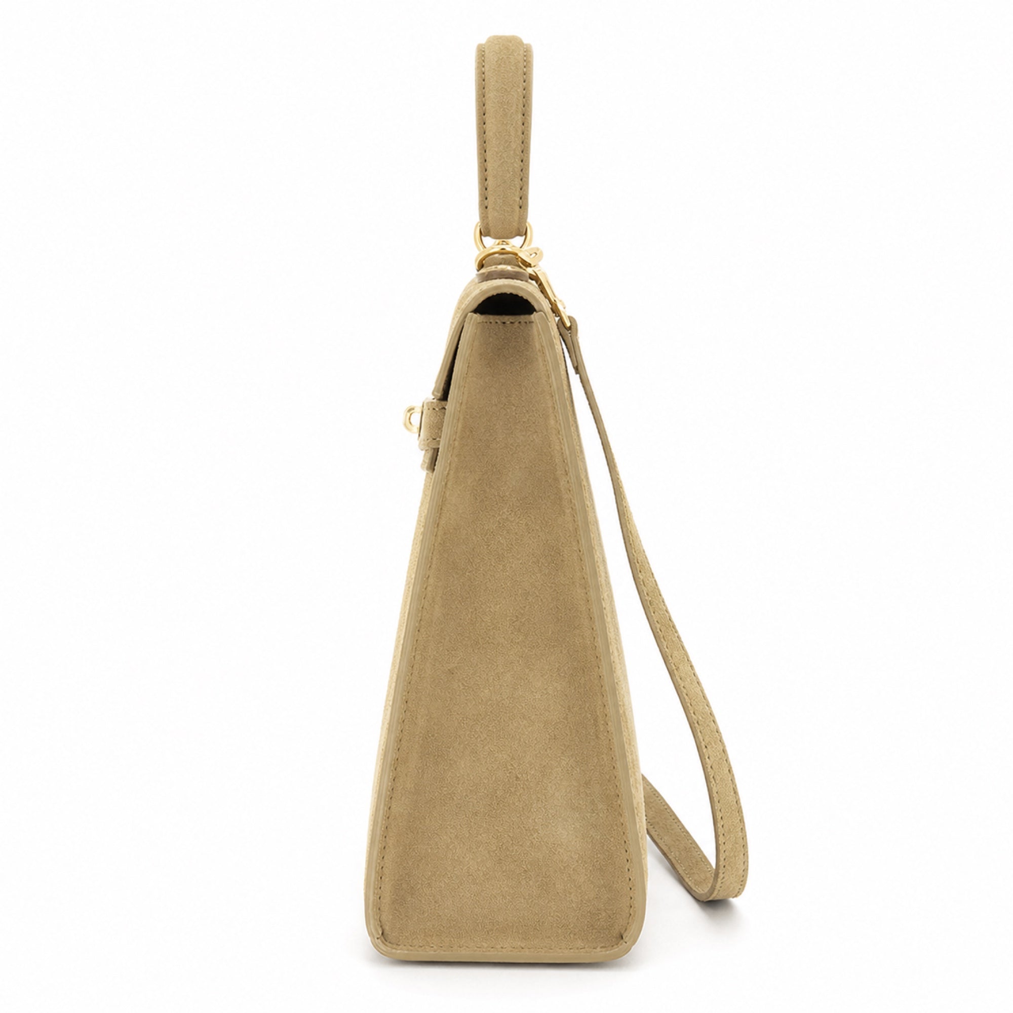 Beżowy torebka skórzana kuferek z klapką i paskiem crossbody, bok