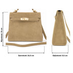 Beżowy torebka skórzana kuferek z klapką i paskiem crossbody, wymiary