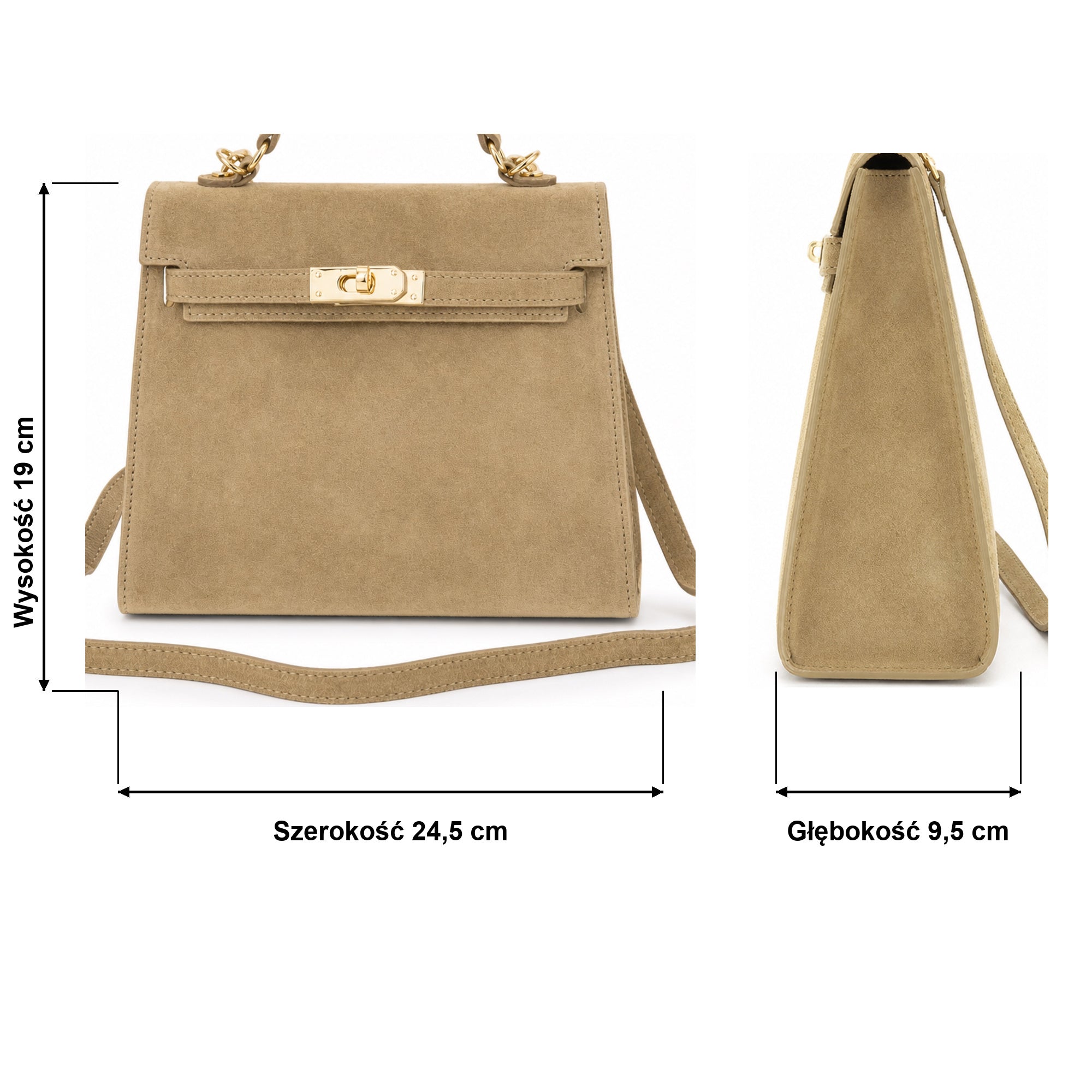 Beżowy torebka skórzana kuferek z klapką i paskiem crossbody, wymiary