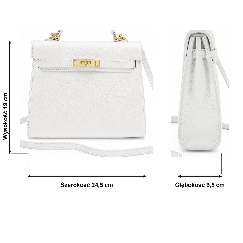 Biały torebka skórzana kuferek z klapką i paskiem crossbody, wymiary
