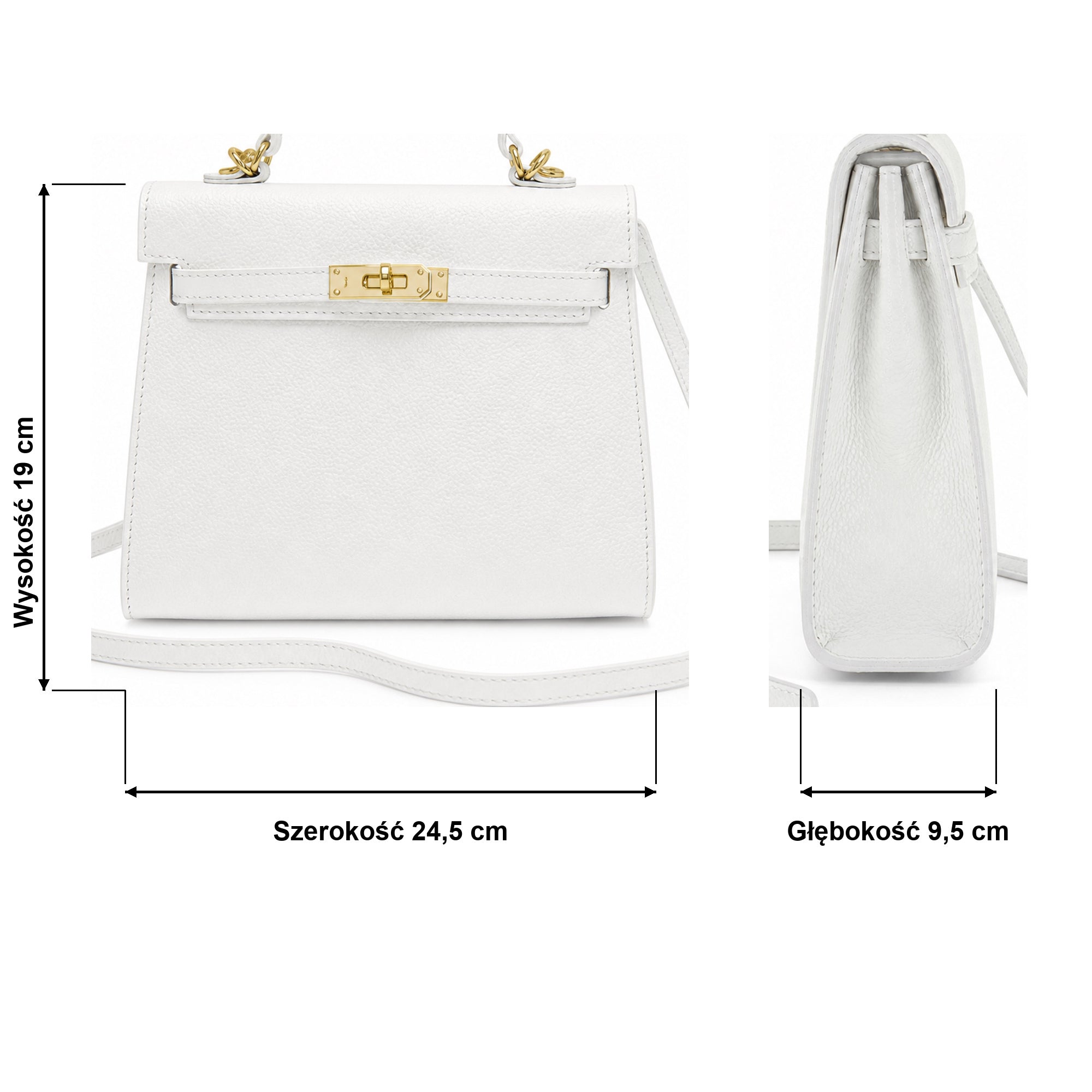 Biały torebka skórzana kuferek z klapką i paskiem crossbody, wymiary