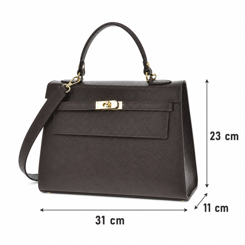 Czekoladowy torebka skórzana kuferek z rączką i klapką, wymiary
