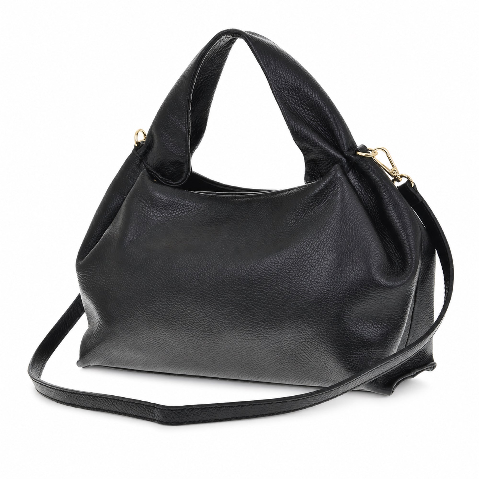 Czarny torebka skórzana worek do ręki z paskiem crossbody, packshot