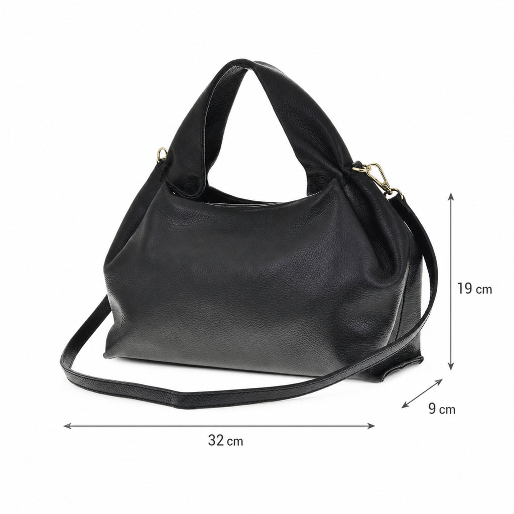 Czarny torebka skórzana worek do ręki z paskiem crossbody, wymiary