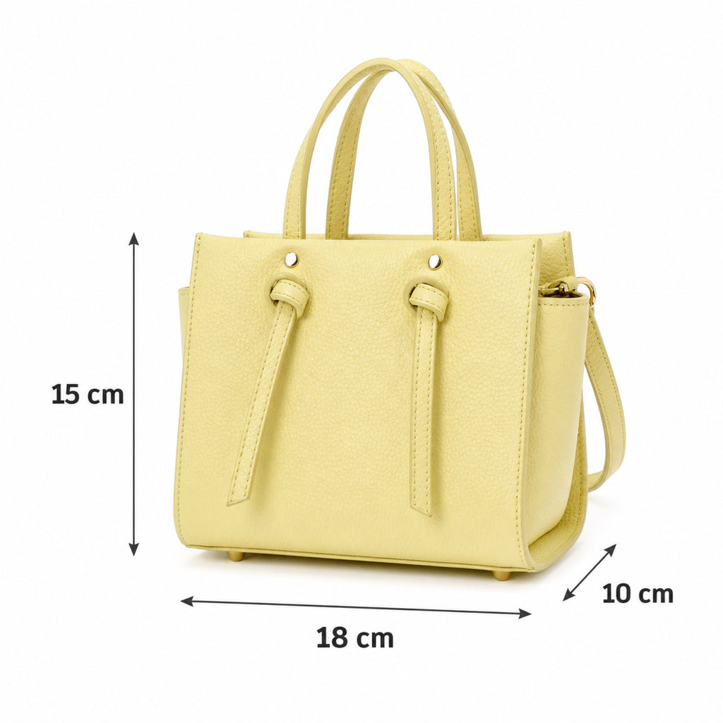 Cytrynowy torebka skórzana mini tote z węzłami, wymiary