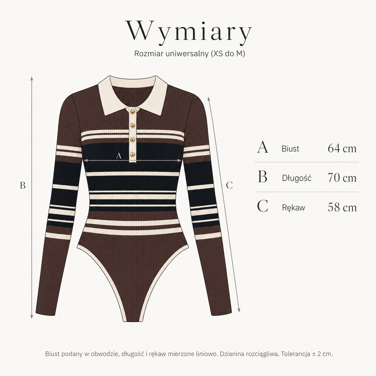 Brązowy — Wymiary produktu | Rozmiar: Uniwersalny (XS-M)