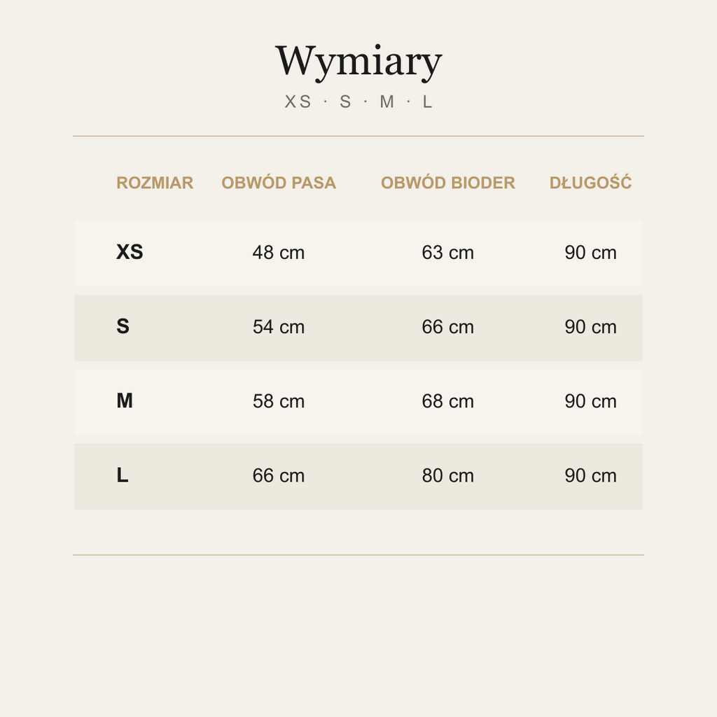 Tabela wymiarów legginsów z wysoką gumą, rozmiary XS-L