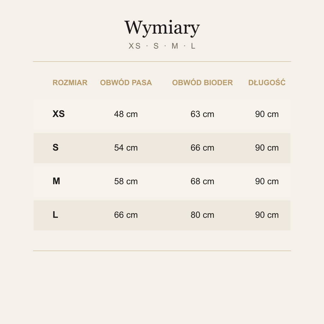Tabela wymiarów legginsów z wysoką gumą, rozmiary XS-L