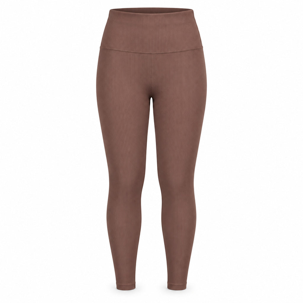 Brązowy — legginsy prążkowane z wysokim pasem, cały przód z wysokim pasem — packshot na białym tle