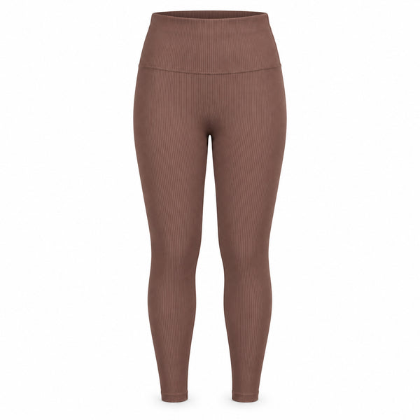 Brązowy — legginsy prążkowane z wysokim pasem, cały przód z wysokim pasem — packshot na białym tle