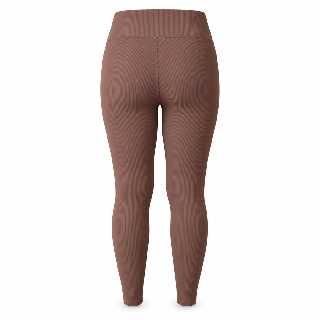 Brązowy — legginsy prążkowane z wysokim pasem, cały tył — packshot na białym tle