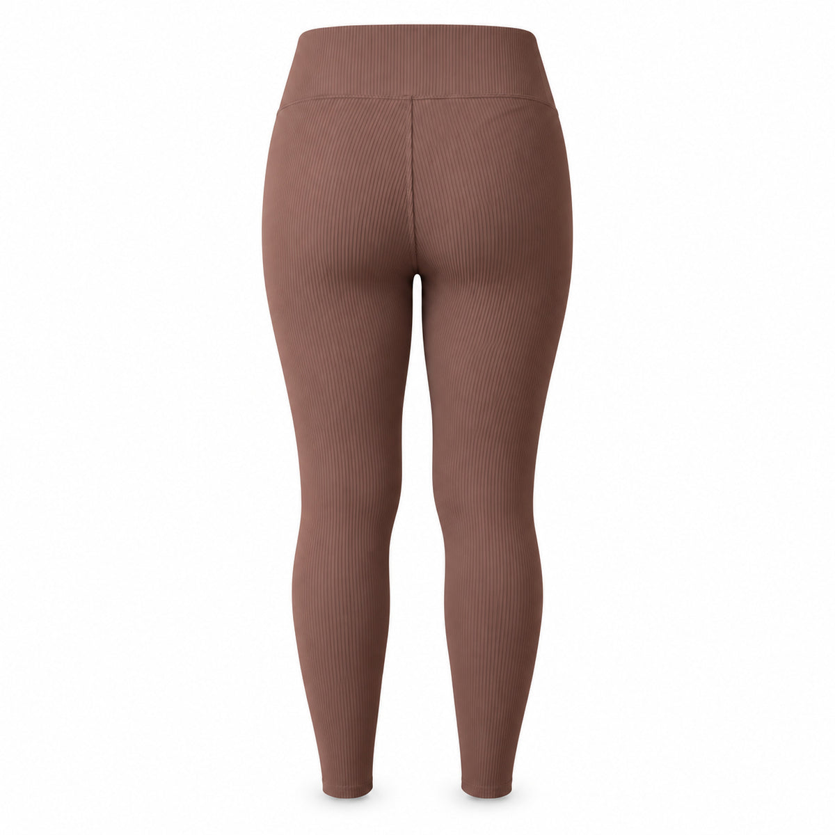 Brązowy — legginsy prążkowane z wysokim pasem, cały tył — packshot na białym tle