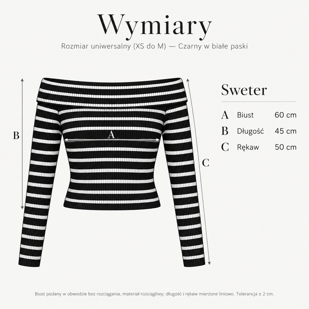 Czarny w białe paski — Wymiary produktu | Rozmiar: Uniwersalny (XS-M)